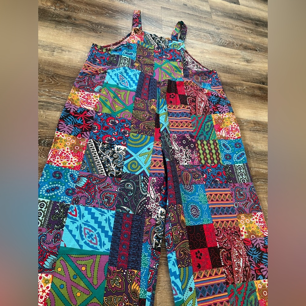 Fun colorful multicolor patchwork overalls - image 5